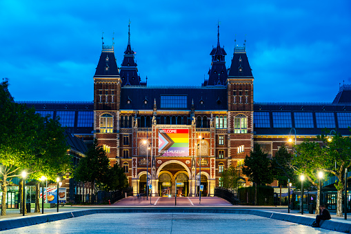 Amsterdam, Netherlands - August 4, 2022: The Rijksmuseum in Amsterdam with a welcome message of inclusivity in the form of a \