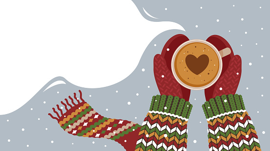 Hands in mittens hold a cup with a hot drink, coffee or chocolate.Warm knitted sweater and scarf.Winter weather, snow.Banner with copy space.Vector stock illustration.