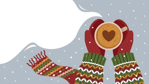 Vector illustration of Hands in mittens hold a cup with a hot drink