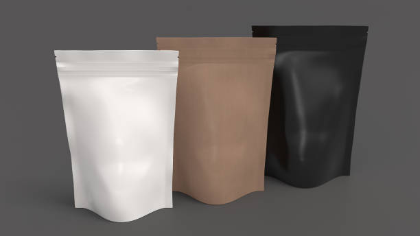istock Black, craft and white packaging pouches mockup for tea, coffee, snack on gray background 1731739784