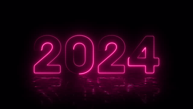 2024 New Year bright pink neon glowing numbers with floor reflection. Horizontal moving lines in digits on black background.