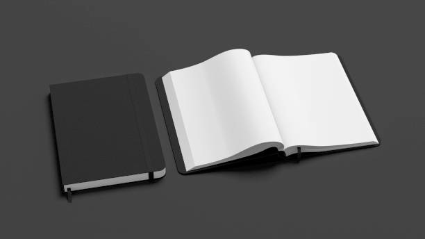 Black cover notebook and opened notebook mockup on gray background