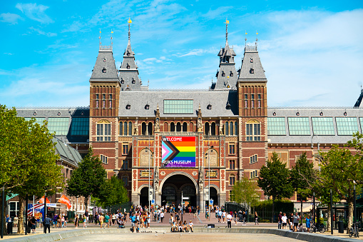 Amsterdam, Netherlands - August 4, 2022: The Rijksmuseum in Amsterdam with a welcome message of inclusivity in the form of a 