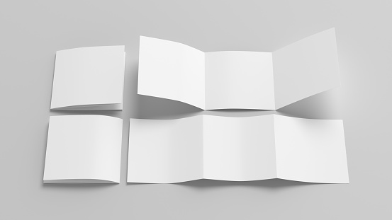 Square trifold roll brochure booklet mockup on white background. 3D illustration