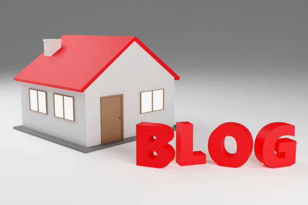 Luxury inscription blog on grey podium with house, soft light, front view smooth background, 3d rendering