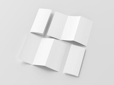 Vertical pages accordion or zigzag trifold brochure mockup on white background. Three panels, six pages leaflet. 3d illustration