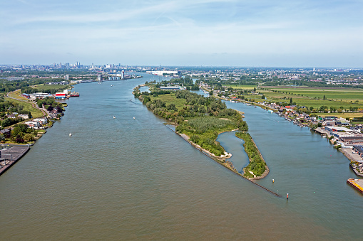 Aerial from the  crossing river Nieuwe Maas with the river Lek near Rotterdam in the Netherlands