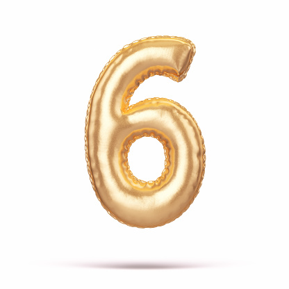 3d Render Yellow metallic Number 6 in Balloon shape     (Object + Shadow Clipping path)