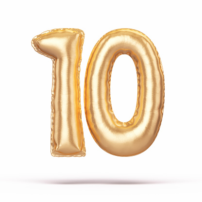 3d Render Yellow metallic Number 10 in Balloon shape     (Object + Shadow Clipping path)