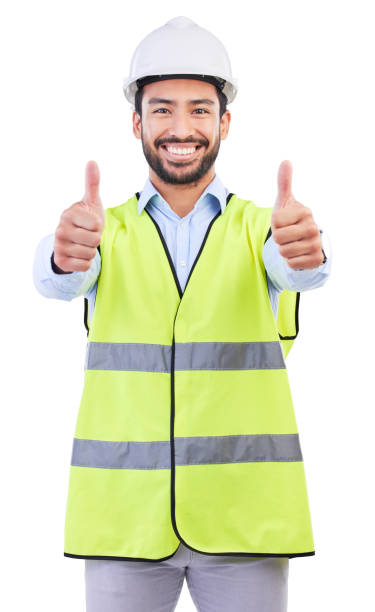istock Architect thumbs up, studio portrait and man smile for project success feedback, real estate vote or construction agreement. Architecture review, emoji yes icon or male contractor on white background 1731761812