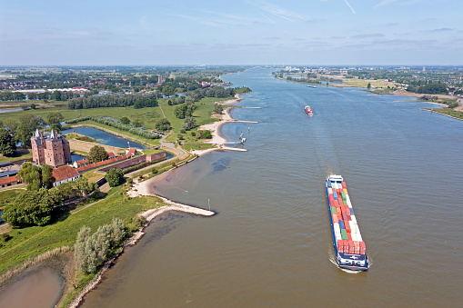 Aerial panorama from castle Loevestein and the river Merwede in the Netherlands