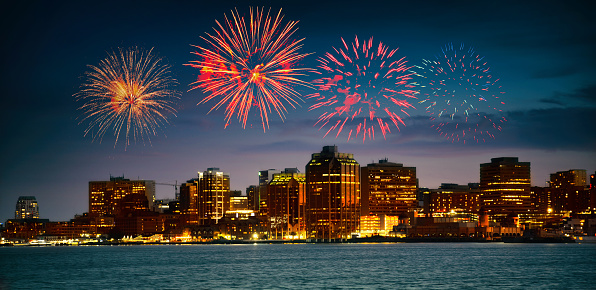 Happy New Year Fireworks on Halifax Nova Scotia. Canada. Toned Image.