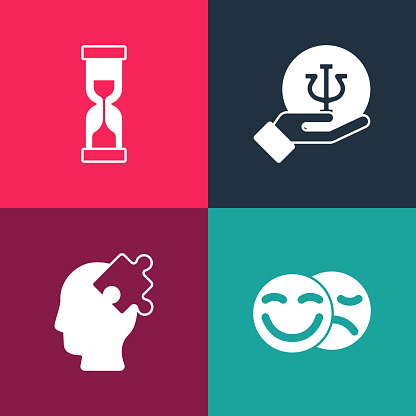 Set pop art Comedy and tragedy masks, Solution to the problem, Psychology, Psi and Old hourglass icon. Vector.