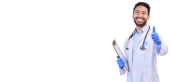 Happy, doctor and portrait with thumbs up for checklist, support and agreement or to show sign for yes with hand on white background in studio. Thank you, like and ok healthcare mockup with surgeon