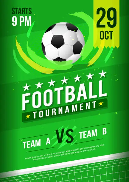 Vector illustration of Football tournament poster vector illustration. Ball in football pitch