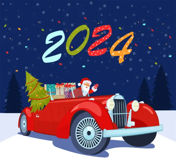 Vector illustration of Vintage red cabriolet car with santa claus, christmas tree and gift boxes