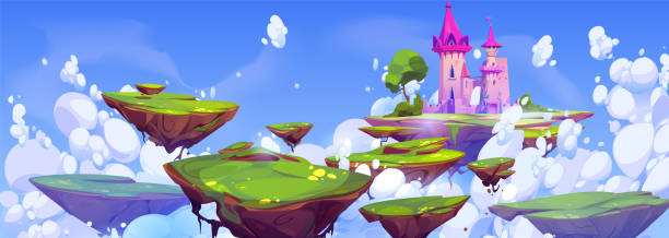 istock Pink royal castle floating on island in sky 1731791408