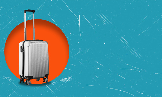 A modern artistic collage featuring a solitary suitcase on a blue background within an orange circle. The concept of travel and tourism.