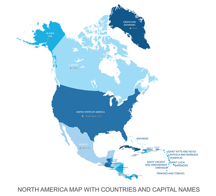 Print map of North America for t-shirt, poster or geographic themes. Hand-drawn colorful map with states and capital names. Vector modern Illustration.Detailed illustration map shape can be use for presentation,chart,template and report.white background.