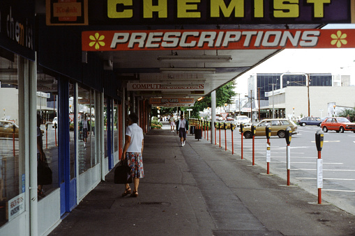 Rotorua, New Zealand, January 9, 1989 - Historical photograph taken in 1989, shopping street in downtown Rotorua.