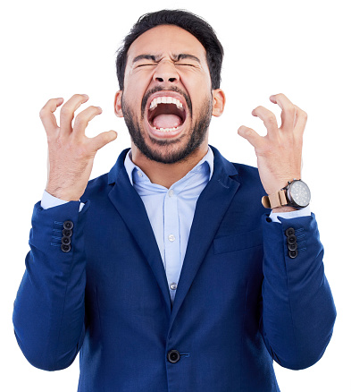 Frustrated, anger and screaming with business man in studio for headache, stress and burnout. Mental health, anxiety and fear with male employee on white background for fatigue, mistake and problem