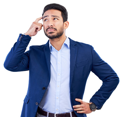Business, thinking and confused asian man in studio, white background or doubt of stress, questions and fear of future ideas. Corporate worker worried with brain fog, remember solution and forget why