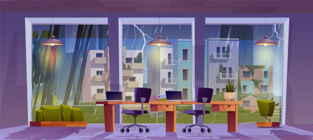 интерьер офиса компании в дождливую погоду - dullstroom stock illustrations