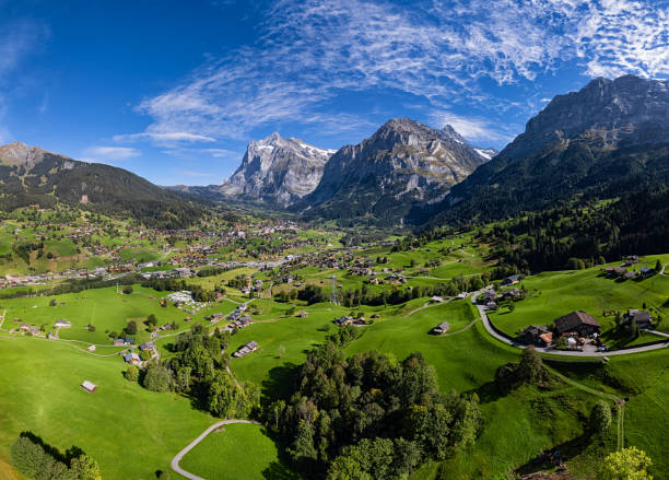 Aerial panorama of Grindelwald mountain village, Bernese Oberland, Switzerland. stock photo