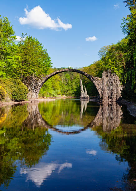 puente del arco (rakotzbrucke, puente del diablo) en kromlau, alemania, con reflejos en aguas tranquilas - forest pond landscaped water fotografías e imágenes de stock