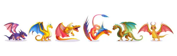 Vector illustration of Cartoon set of fantasy dragons on white background