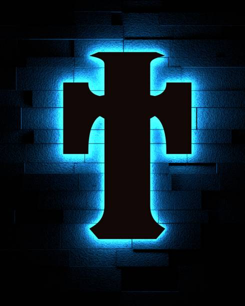 istock Neon shine christian cross on brick wall. Religion concept illustration. 3D render 1731820506