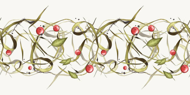 잔디, 가지 및 크랜베리. 야생 딸기가 있는 허브의 숲 테마에 매끄러운 패턴. 수채화 그림입니다. 직물 디자인, 포장, 배경을 위해 - falling tree leaf autumn stock illustrations