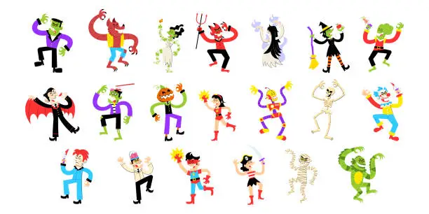 Vector illustration of vector cartoon halloween costume characters set illustration isolated