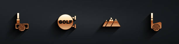 istock Set Golf club with ball, sport, Mountains and icon with long shadow. Vector 1731832597