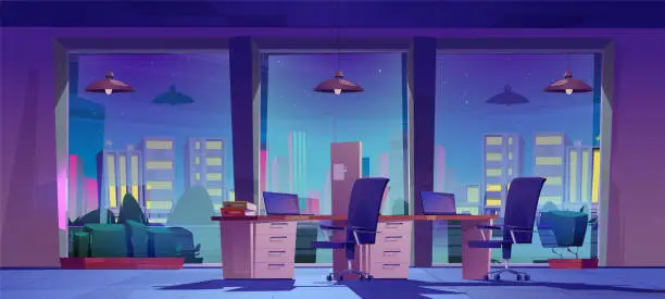 Vector illustration of Company office interior at night