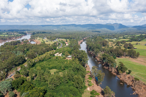 Drone aerial photograph of severe flooding and erosion in the Grose River in the Yarramundi region of the Hawkesbury in New South Wales in Australia.