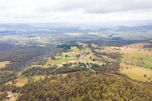 Drone aerial photograph of Hassans Walls walkway and lookout near Lithgow in The Central Tablelands of New South Wales in Australia.