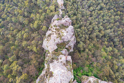 Drone aerial photograph of Hassans Walls walkway and lookout near Lithgow in The Central Tablelands of New South Wales in Australia.