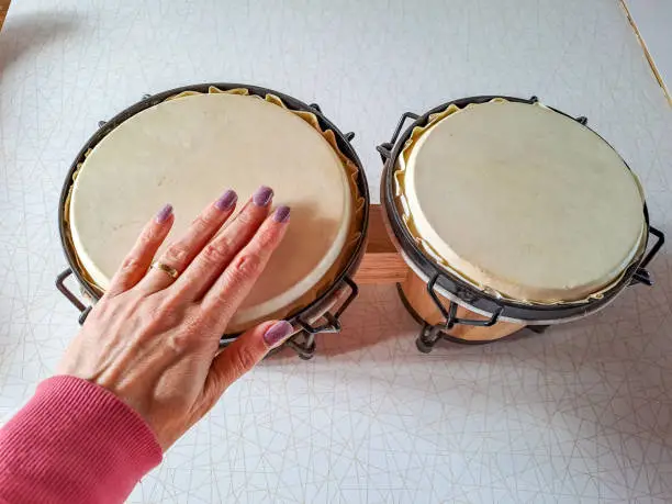 Photo of Set of Bongo Drums Isolated on a White Background. Latin percussion.