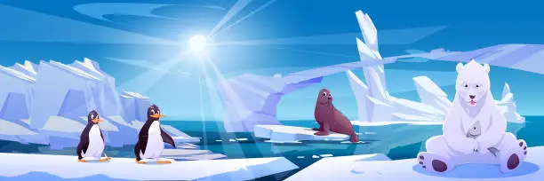 Vector illustration of Bear on iceberg near penguin and seal landscape