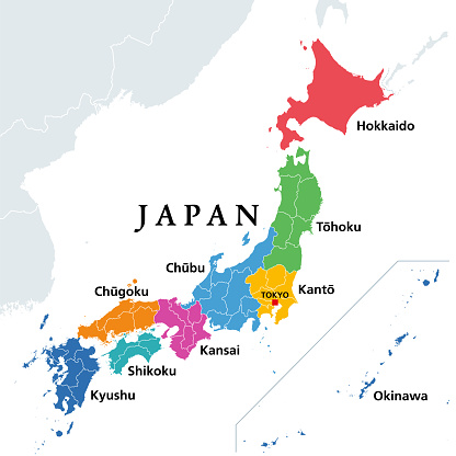 The eight regions of Japan, political map. Traditional units, multicolored and used for statistical and other purposes. Hokkaido, Tohoku, Kanto, Chubu, Kansai, Chugoku, Shikoku, Kyushu and Okinawa.