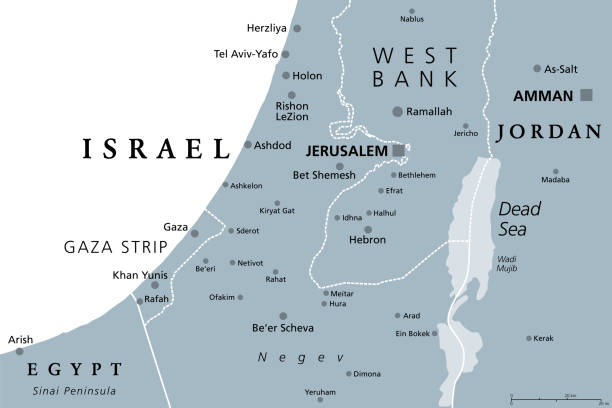 Part of the Southern District of Israel, gray political map Part of the Southern District of Israel, gray political map, with the Gaza Strip, bottom half of West Bank, Dead Sea, and with borders and most important cities in this region. Illustration. Vector. levant map stock illustrations