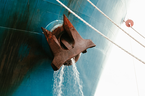 Close-up of an anchor on a large ship