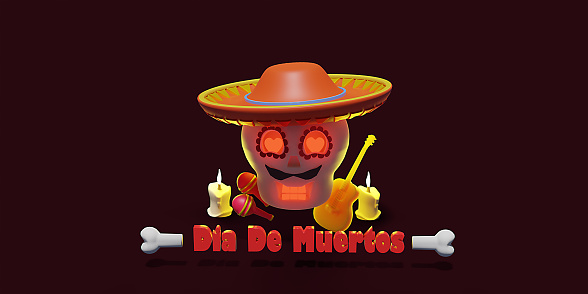 Mexican skull design, Mexico culture tourism landmark latin and party theme 3d illustration.