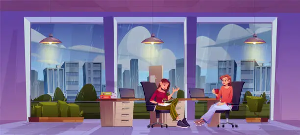 Vector illustration of Female company employees in office on rainy day