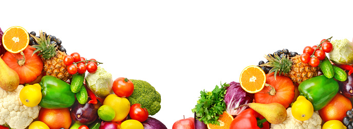 Composition of fruits and vegetables isolated on white background. Collage. Free space for text. Wide photo.