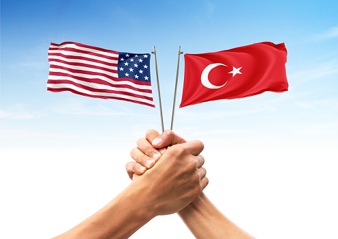Flag of United States of America (USA) and Turkey, allies and friendly countries, unity, togetherness, handshake, support