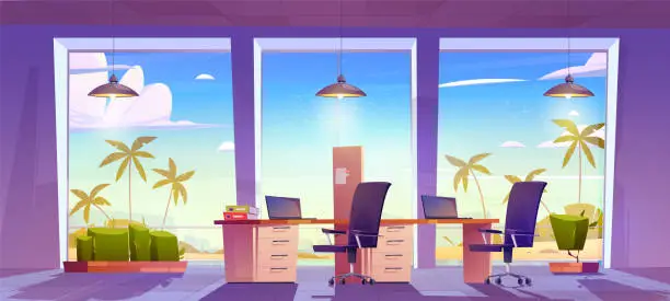 Vector illustration of Seaside company office interior with palm trees