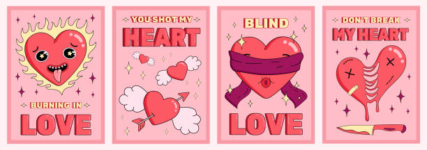 set von valentinstagspostern mit niedlichen groovigen herzfiguren, symbolen der liebe, vertikalen bannern, geschenken, postkarten, vektorillustrationen. - cupid love red affectionate stock-grafiken, -clipart, -cartoons und -symbole