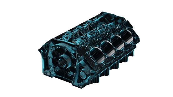 Close up detailed fully textured 3D render over white background of car engine block assembled with cylinders casings, pistons, coolant passages and other engineering components